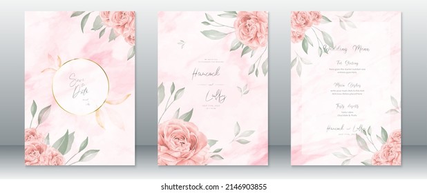 Watercolor wedding invitation card template elegant of pink background with rose bouquet and gold