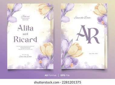 plantilla de tarjeta de invitación a boda acuarela con ornamento de flores moradas y amarillas