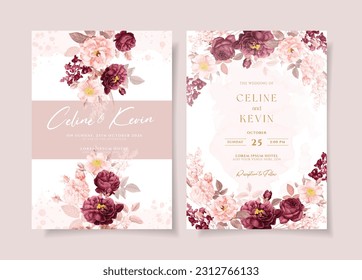 A watercolor wedding invitation card template with burgundy peach flowers and leaves decoration