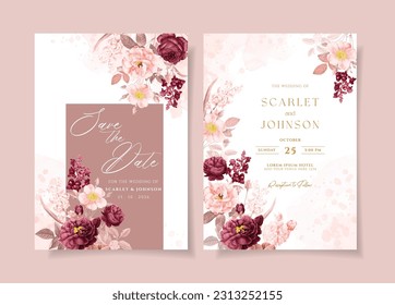 A watercolor wedding invitation card template with burgundy and peach flowers