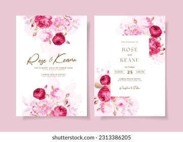 A watercolor wedding invitation card template with red and pink flowers