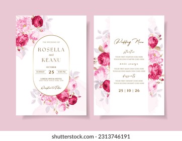 A watercolor wedding invitation card template with red and pink flowers