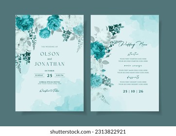 Una plantilla de tarjeta de invitación a una boda acuarela con tosca azul y flores blancas