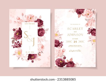 A watercolor wedding invitation card template with burgundy and peach flowers