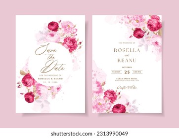 A watercolor wedding invitation card template with red and pink flowers