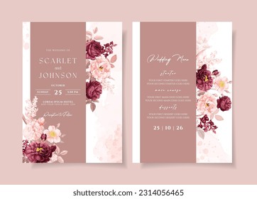 A watercolor wedding invitation card template with burgundy and peach flowers