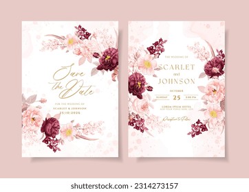 A watercolor wedding invitation card template with burgundy and peach flowers