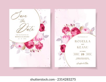 A watercolor wedding invitation card template with red and pink flowers