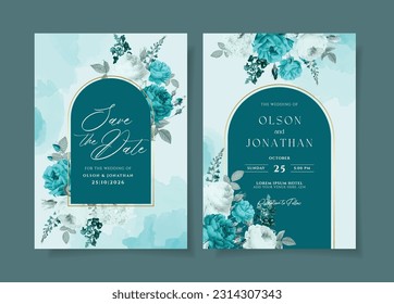 A watercolor wedding invitation card template with blue tosca and white flowers