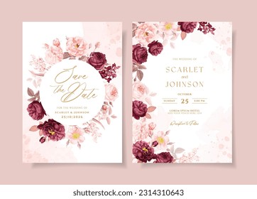 A watercolor wedding invitation card template with burgundy and peach flowers