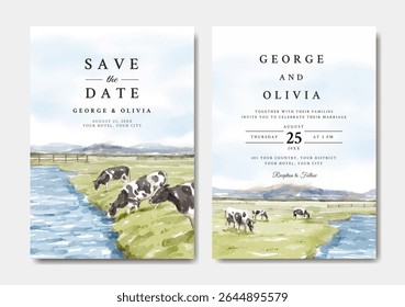 Watercolor wedding invitation of cow farm in savannah nature landscape