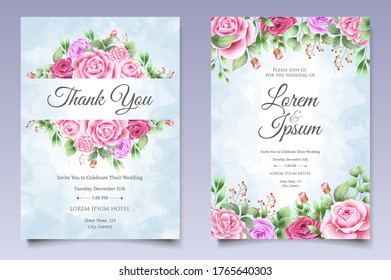 Watercolor wedding invitation floral and leaves card template
