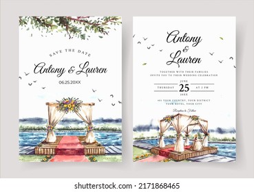 Watercolor wedding invitation of wedding gate with outdoor pool view