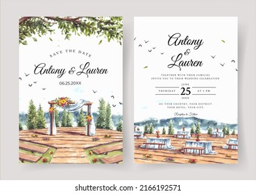 Watercolor wedding invitation of wedding gate and pine trees view 