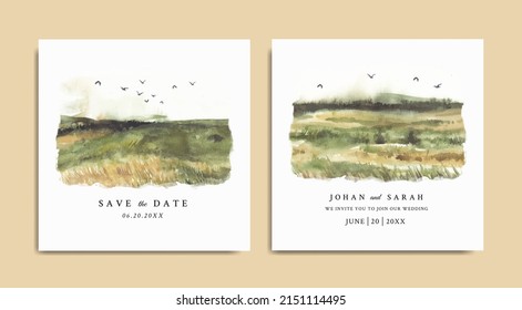 Watercolor wedding invitation of grassland nature landscape 