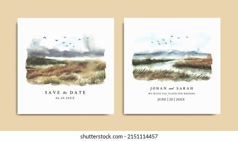 Watercolor wedding invitation of grassland and river 