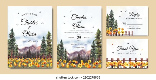 Watercolor wedding invitation of nature landscape with yellow flowers and pine trees 