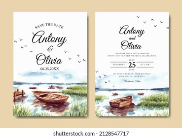 Watercolor wedding invitation of nature landscape with boat on lake