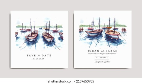 Watercolor wedding invitation of nature landscape with harbor and boat 