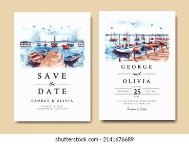 Watercolor wedding invitation of nature landscape with harbor and boat 