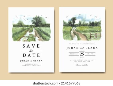 Watercolor wedding invitation of nature landscape with road and fence 