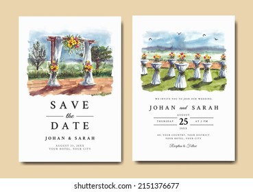 Watercolor wedding invitation of nature landscape with wedding gate view 