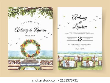 Watercolor wedding invitation of nature landscape with beautiful wedding gate view 