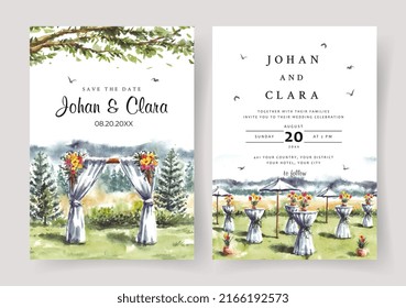 Watercolor wedding invitation of nature landscape with beautiful wedding gate view 