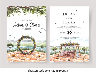 Watercolor Wedding Invitation Of Nature Landscape With Circle Wedding Arch View