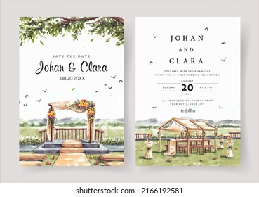 Watercolor wedding invitation of nature landscape with gold wedding gate view