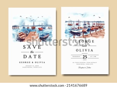 Watercolor wedding invitation of nature landscape with harbor and boat 