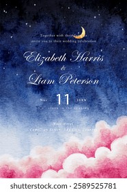 Watercolor wedding invitation with a night sky background and moon