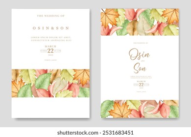watercolor wedding invitation with orange autumn leaves
