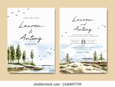 Watercolor wedding invitation with pine trees in lake