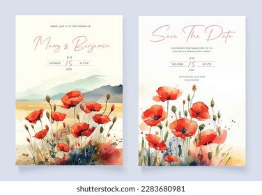 Watercolor wedding invitation with poppy flowers landscape