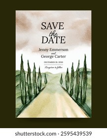 watercolor wedding invitation poster with hills and lined trees view background illustration