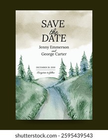 watercolor wedding invitation poster with hills and lined trees view background illustration