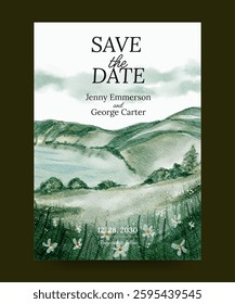 watercolor wedding invitation poster with natural background illustration of meadow and lake
