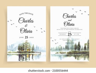 Watercolor wedding invitation with reflection of beautiful pine trees in lake