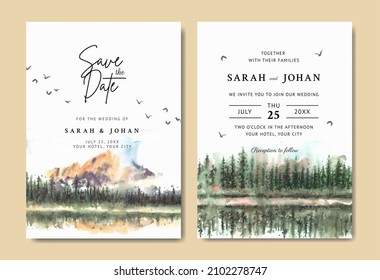 Watercolor wedding invitation with reflection of  beautiful pine trees and mountain in lake