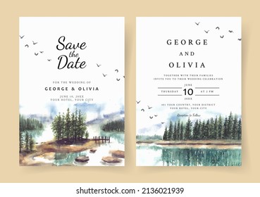 Watercolor wedding invitation with reflection of beautiful pine trees in lake