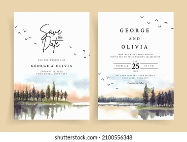 Watercolor wedding invitation with reflection of pine trees in lake