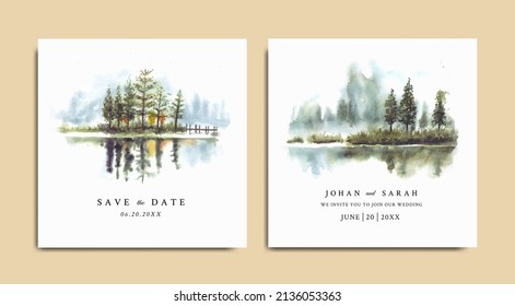 Watercolor Wedding Invitation With Reflection Of Pine Trees In Lake