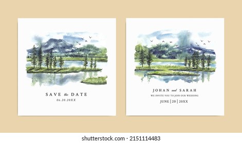 Watercolor wedding invitation with reflection of pine trees and mountain in lake 