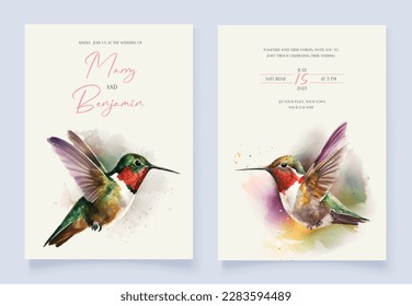Watercolor wedding invitation and ruby  throated hummingbirds