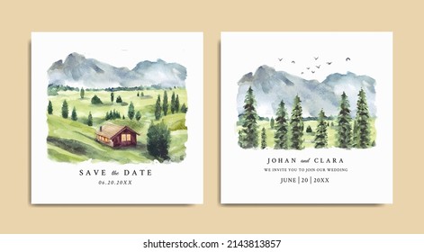 Watercolor wedding invitation set of green nature landscape with house and mountain