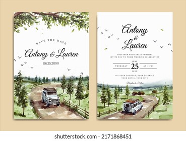 Watercolor wedding invitation set of nature landscape with road trip 