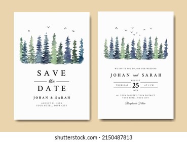 Watercolor wedding invitation set of pine trees 