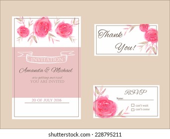 Watercolor wedding invitation set with pink flowers. Invitation, thank you card and RSVP
