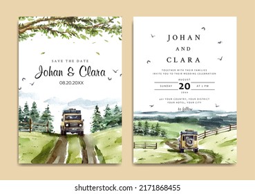 Watercolor wedding invitation set of road trip 